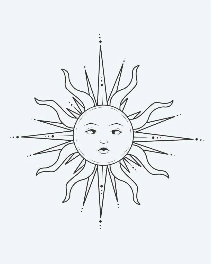 Design del tatuaggio semi-permanente Celestial Sun Face 2 di INKON – illustrazione di sole ornato con volto umano sereno, 2 x 2 in (5x5cm), disponibile su inkon.co
