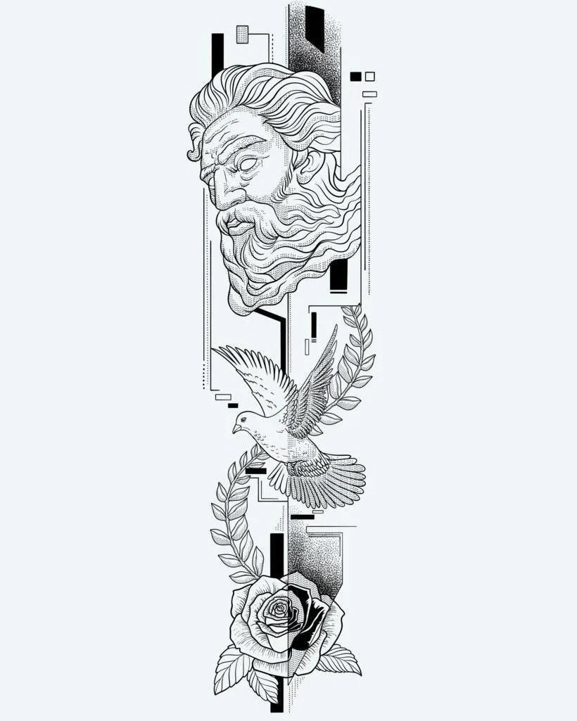 Design del tatuaggio semi-permanente Greek God, Dove & Rose di INKON – illustrazione neoclassica con busto di dio greco e colomba in volo, 8 x 20 in (20x50cm), disponibile su inkon.co