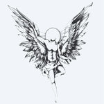 Design del tatuaggio semi-permanente Guardian Angel di INKON – illustrazione maestoso, custode, angelo, spiegate, ali, 4 x 8 in (11x21cm), disponibile su inkon.co