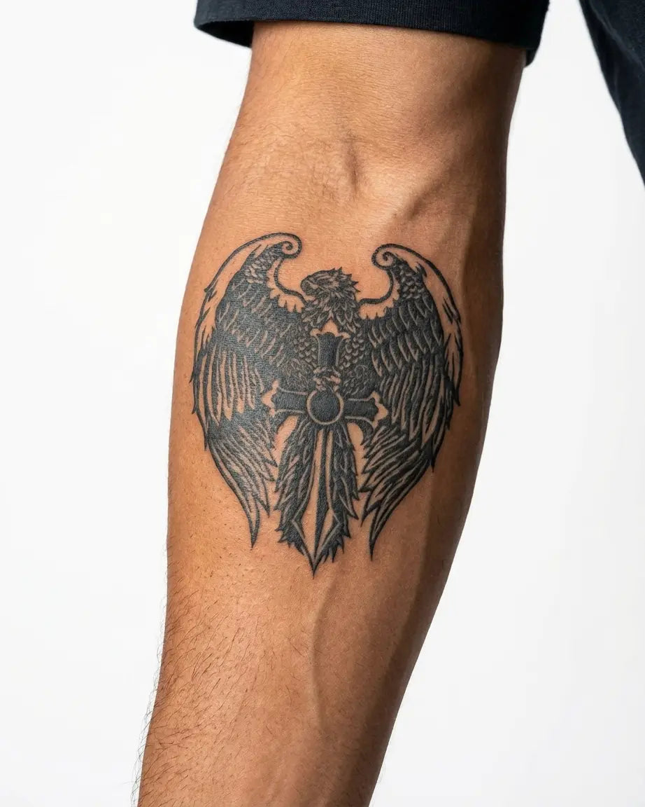 Tatuaggio semi-permanente INKON Eagle & Cross applicato su un uomo – design 3 x 4 in (7x10cm), aspetto realistico dell'inchiostro, dura 10 giorni