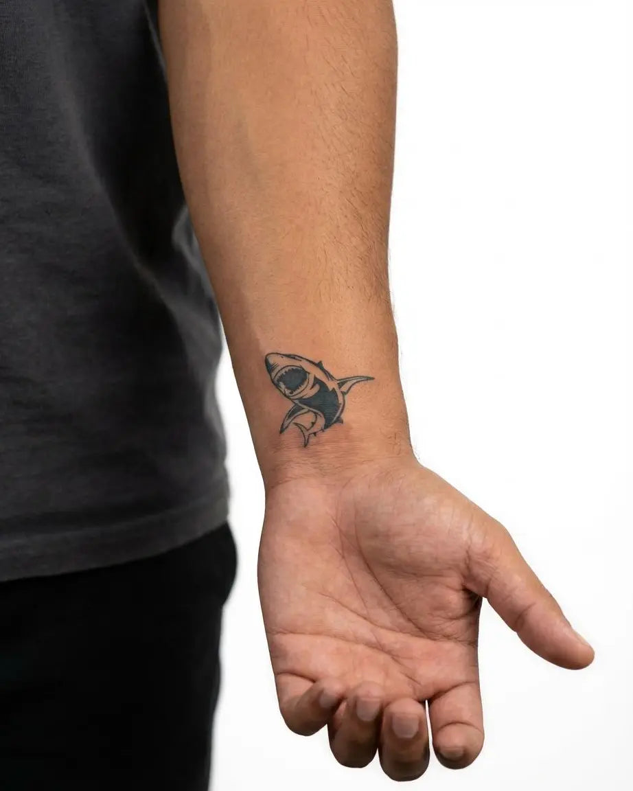 Tatuaggio semi-permanente INKON Great White Shark applicato su un uomo – design 2 x 2 in (5x5cm), aspetto realistico dell'inchiostro, dura 10 giorni