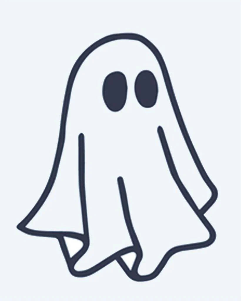 Design del tatuaggio semi-permanente Cute Ghost di INKON – illustrazione di adorabile fantasmino fluttuante con grandi occhi ovali, 2 x 2 in (5x5cm), disponibile su inkon.co