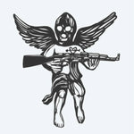 Design del tatuaggio semi-permanente Masked Cherub di INKON – illustrazione alato, cherubino, indossa, passamontagna, impugna, 3 x 4 in (7x10cm), disponibile su inkon.co
