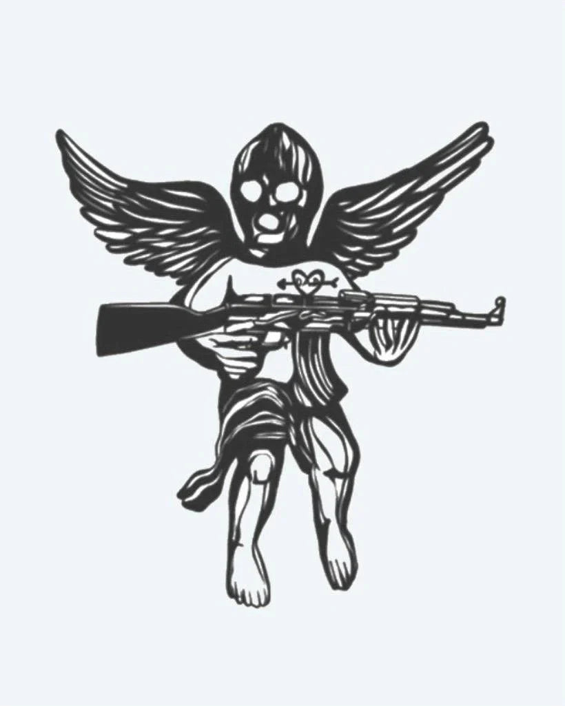 Design del tatuaggio semi-permanente Masked Cherub di INKON – illustrazione alato, cherubino, indossa, passamontagna, impugna, 3 x 4 in (7x10cm), disponibile su inkon.co