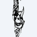 Design del tatuaggio semi-permanente Hannya & Knife di INKON – illustrazione giapponese, hannya, maschera, fusa, coltello, 4 x 8 in (11x21cm), disponibile su inkon.co
