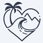Design del tatuaggio semi-permanente Beach Heart di INKON – illustrazione di scena a forma di cuore con palma, 2 x 2 in (5x5cm), disponibile su inkon.co