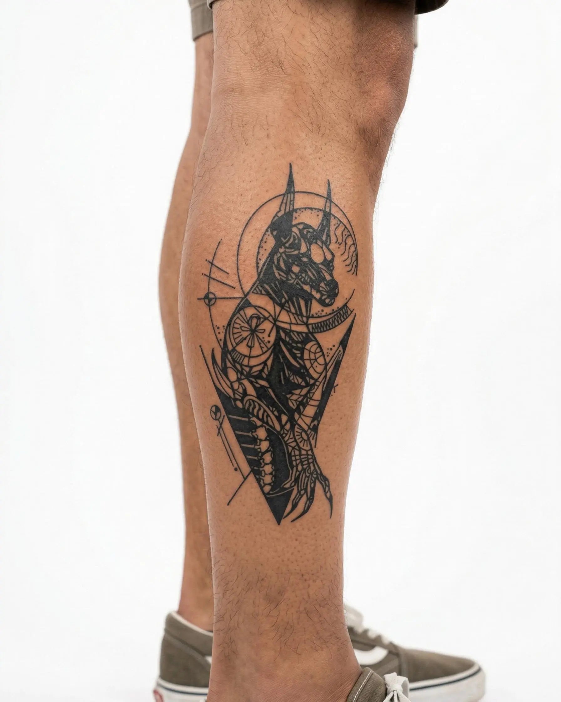 Tatuaggio semi-permanente INKON Anubi Geometrico applicato su un uomo – design 4 x 7 in (10x17cm), aspetto realistico dell'inchiostro, dura 10 giorni