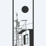 Design del tatuaggio semi-permanente Urban Rooftop Scene di INKON – illustrazione minimalista, cittadino, tetto, antenne, cavi, 3 x 4 in (6x11cm), disponibile su inkon.co