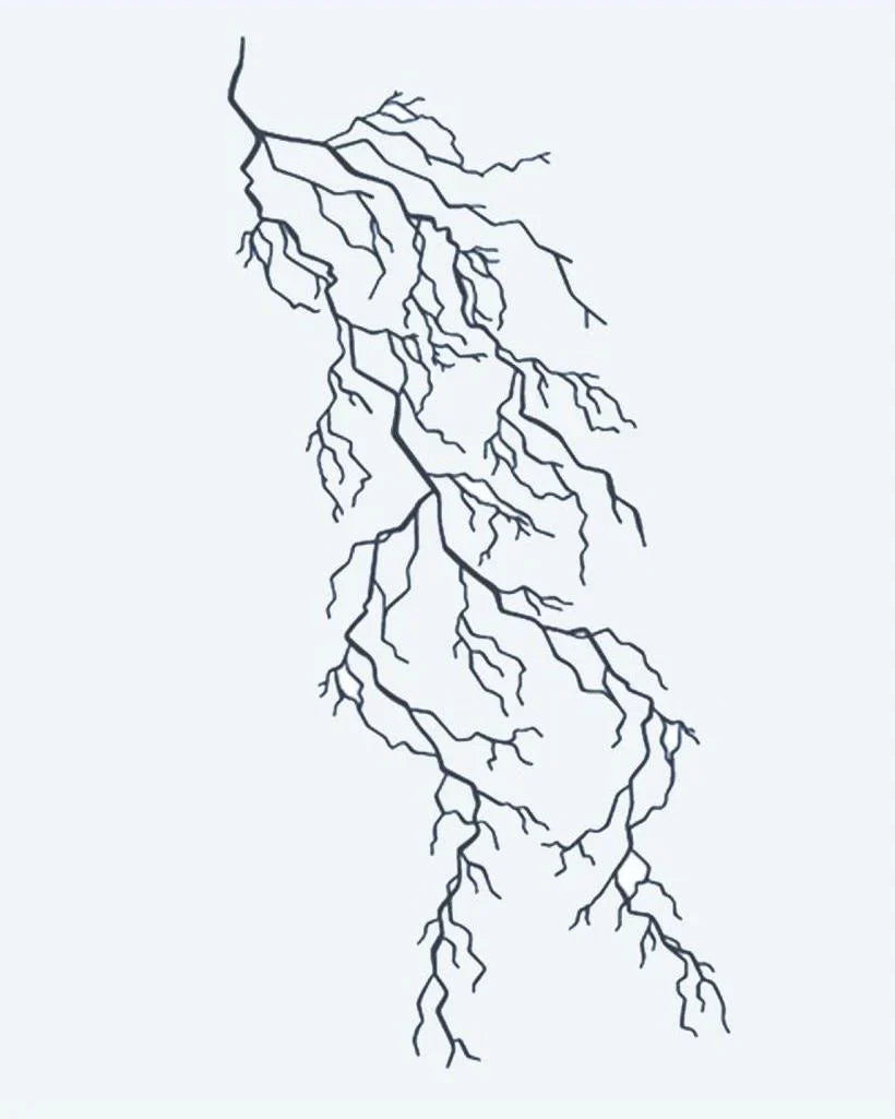 Design del tatuaggio semi-permanente Fulmine di INKON – illustrazione ramificato, fulmine, saetta, sottile, elettrico, 4 x 7 in (10x17cm), disponibile su inkon.co