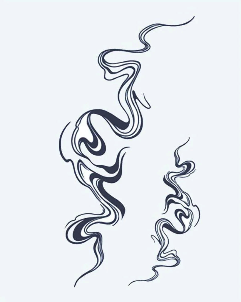 Design del tatuaggio semi-permanente Volute di Fumo Astratte di INKON – illustrazione fluide, astratte, fumo, volute, fluido, 4 x 7 in (10x17cm), disponibile su inkon.co