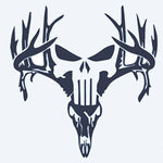 Design del tatuaggio semi-permanente Deer Skull with Antlers di INKON – illustrazione di minaccioso teschio fuso con teschio di cervo, 2 x 2 in (5x5cm), disponibile su inkon.co