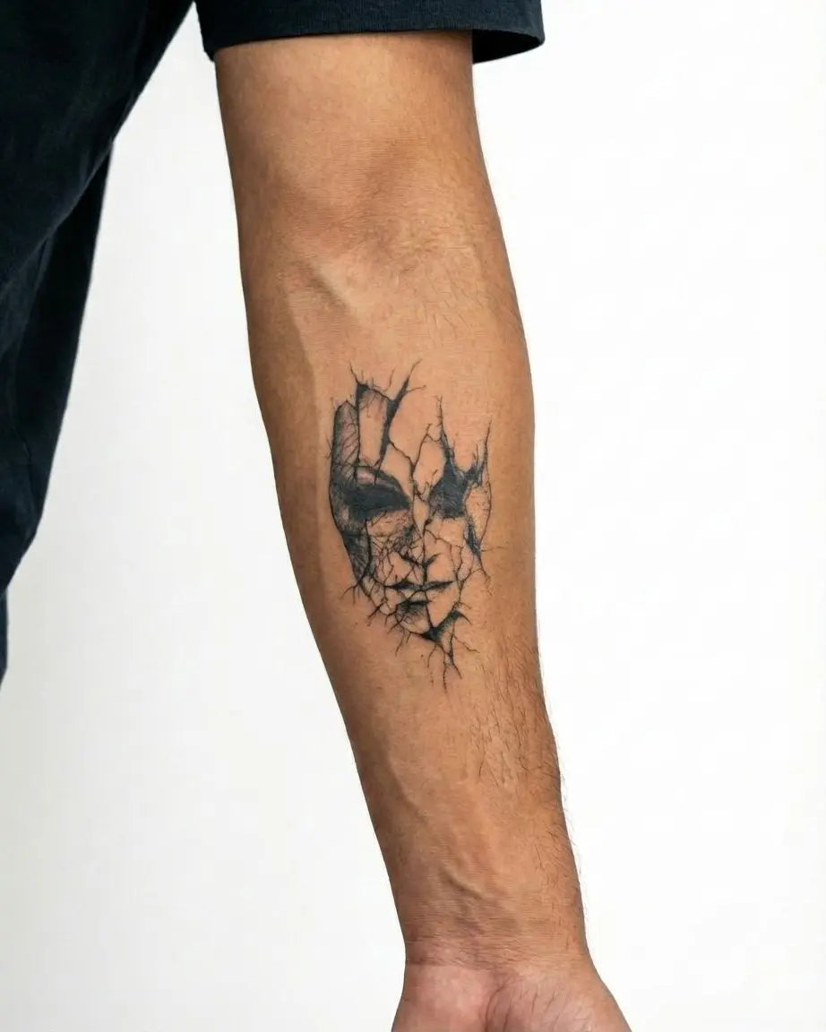 Tatuaggio semi-permanente INKON Cracked Face applicato su un uomo – design 3 x 4 in (7x10cm), aspetto realistico dell'inchiostro, dura 10 giorni