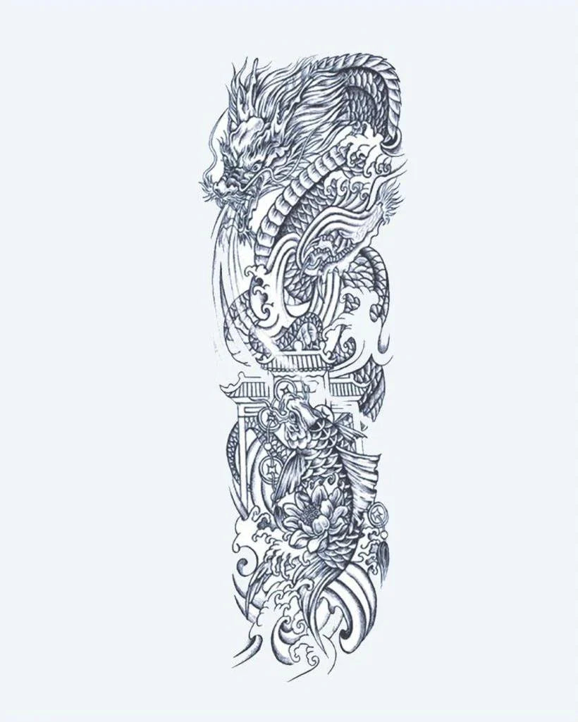 Design del tatuaggio semi-permanente Dragon & Koi Fish di INKON – illustrazione maestoso, giapponese, manica, intera, drago, 8 x 20 in (20x50cm), disponibile su inkon.co
