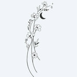 Design del tatuaggio semi-permanente Floral Moon Vine di INKON – illustrazione delicato, linea, sottile, fluente, viticcio, 3 x 4 in (6x11cm), disponibile su inkon.co