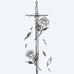 Design del tatuaggio semi-permanente Spada e Rose di INKON – illustrazione spada, adornata, delicate, rose, cadono, 4 x 7 in (10x17cm), disponibile su inkon.co