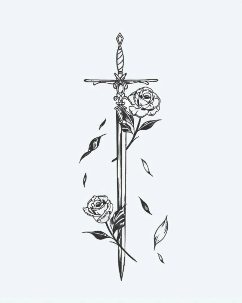 Design del tatuaggio semi-permanente Spada e Rose di INKON – illustrazione spada, adornata, delicate, rose, cadono, 4 x 7 in (10x17cm), disponibile su inkon.co