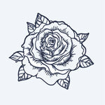 Design del tatuaggio semi-permanente Blooming Rose di INKON – illustrazione aperta, fiore, rosa, strati, petali, 2 x 2 in (5x5cm), disponibile su inkon.co