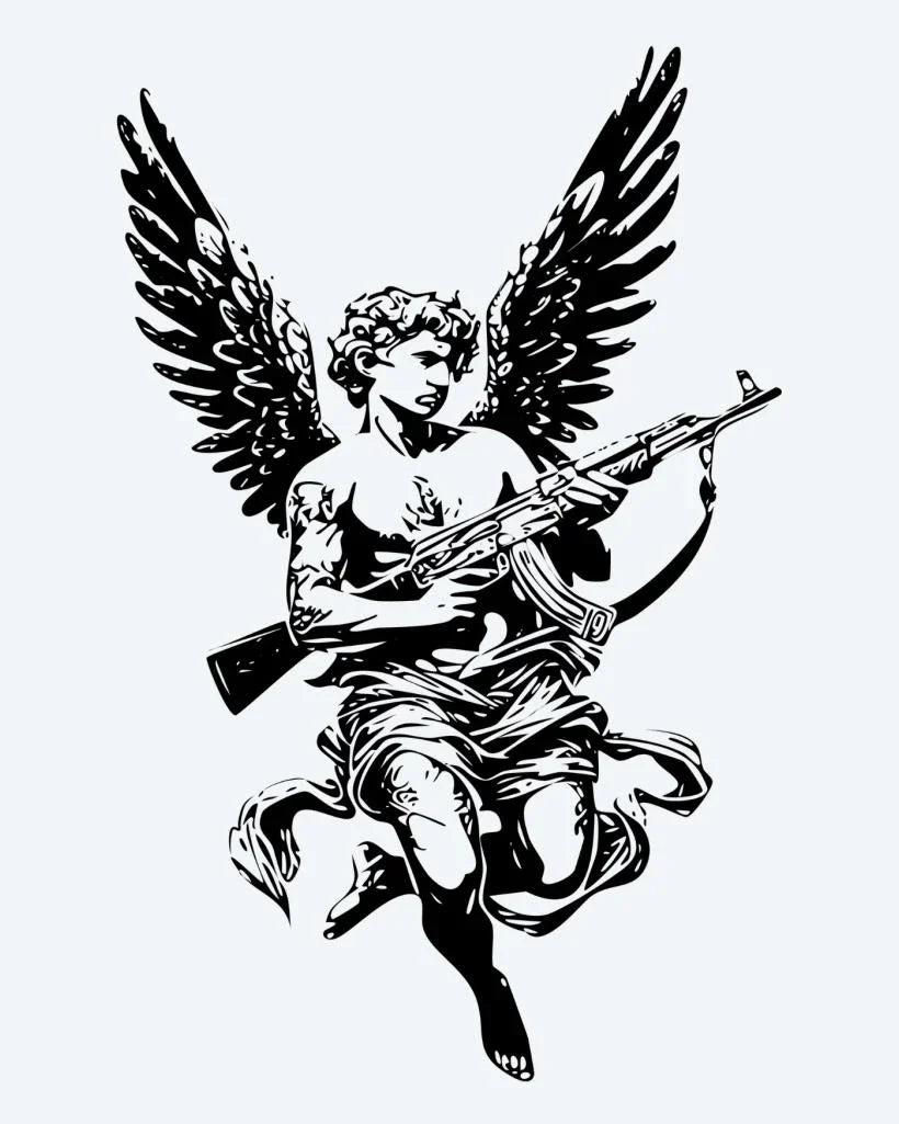 Design del tatuaggio semi-permanente Cherubino Armato di INKON – illustrazione alato, cherubino, angelo, impugna, fucile, 4 x 7 in (10x17cm), disponibile su inkon.co