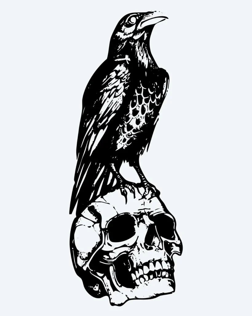 Design del tatuaggio semi-permanente Corvo sul Teschio di INKON – illustrazione dark, corvo, appollaiato, sopra, umano, 4 x 7 in (10x17cm), disponibile su inkon.co