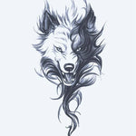Design del tatuaggio semi-permanente Lupo Feroce di INKON – illustrazione ringhiante, lupo, testa, selvaggio, fluente, 4 x 7 in (10x17cm), disponibile su inkon.co