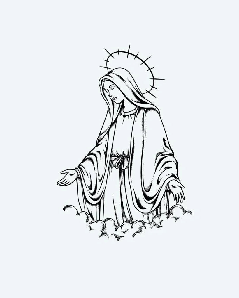 Design del tatuaggio semi-permanente Holy Mother di INKON – illustrazione in blackwork della Vergine Maria che emerge da nuvole, 4 x 7 in (10x17cm), disponibile su inkon.co