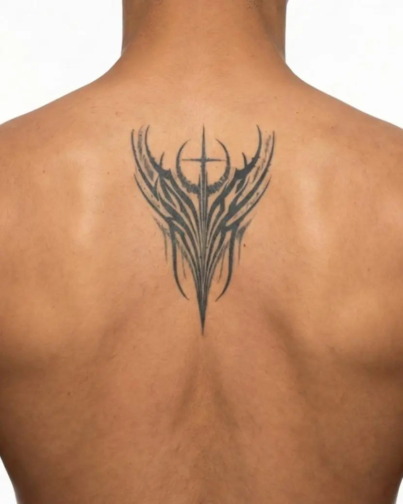Tatuaggio semi-permanente INKON Tribal Wings & Cross applicato su un uomo – design 4 x 8 in (11x21cm), aspetto realistico dell'inchiostro, dura 10 giorni