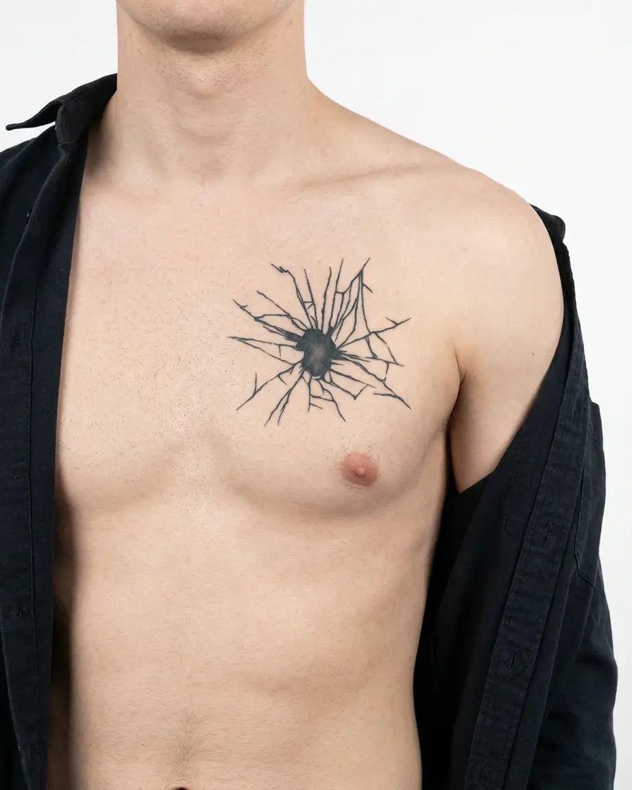 Tatuaggio semi-permanente INKON Shattered Glass Impact applicato su un uomo – design 4 x 4 in (9x9cm), aspetto realistico dell'inchiostro, dura 10 giorni