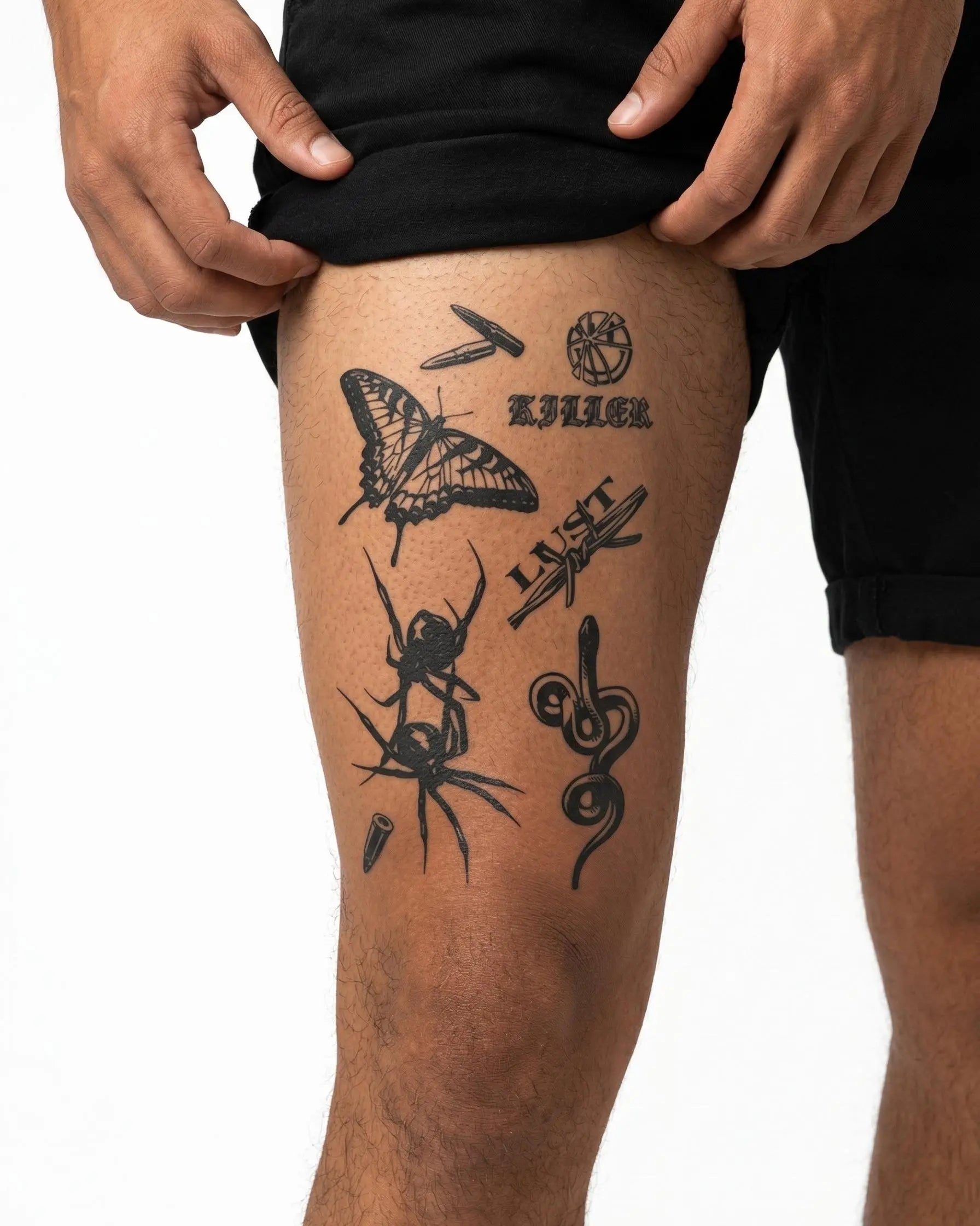 Tatuaggio semi-permanente INKON Flash Sheet Dark applicato su un uomo – design 4 x 7 in (10x17cm), aspetto realistico dell'inchiostro, dura 10 giorni