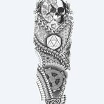 Design del tatuaggio semi-permanente Geometric Skull & Sacred Geometry di INKON – illustrazione manica, intera, combina, teschio, sacra, 8 x 20 in (20x50cm), disponibile su inkon.co