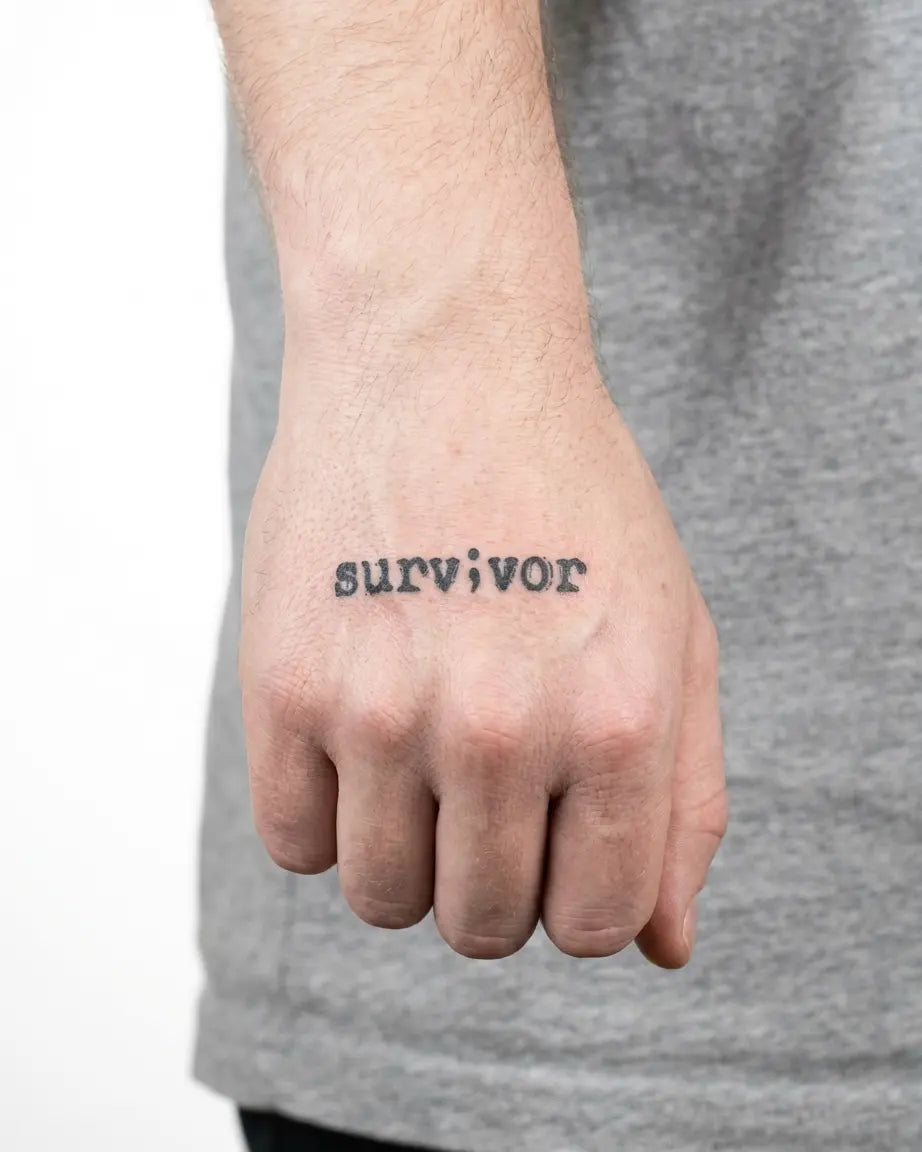 Tatuaggio semi-permanente INKON Semicolon Survivor applicato su un uomo – design 2 x 2 in (5x5cm), aspetto realistico dell'inchiostro, dura 10 giorni