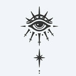 Design del tatuaggio semi-permanente All-Seeing Eye & Star di INKON – illustrazione mistico, onniveggente, raggianti, punte, guida, 3 x 4 in (6x11cm), disponibile su inkon.co