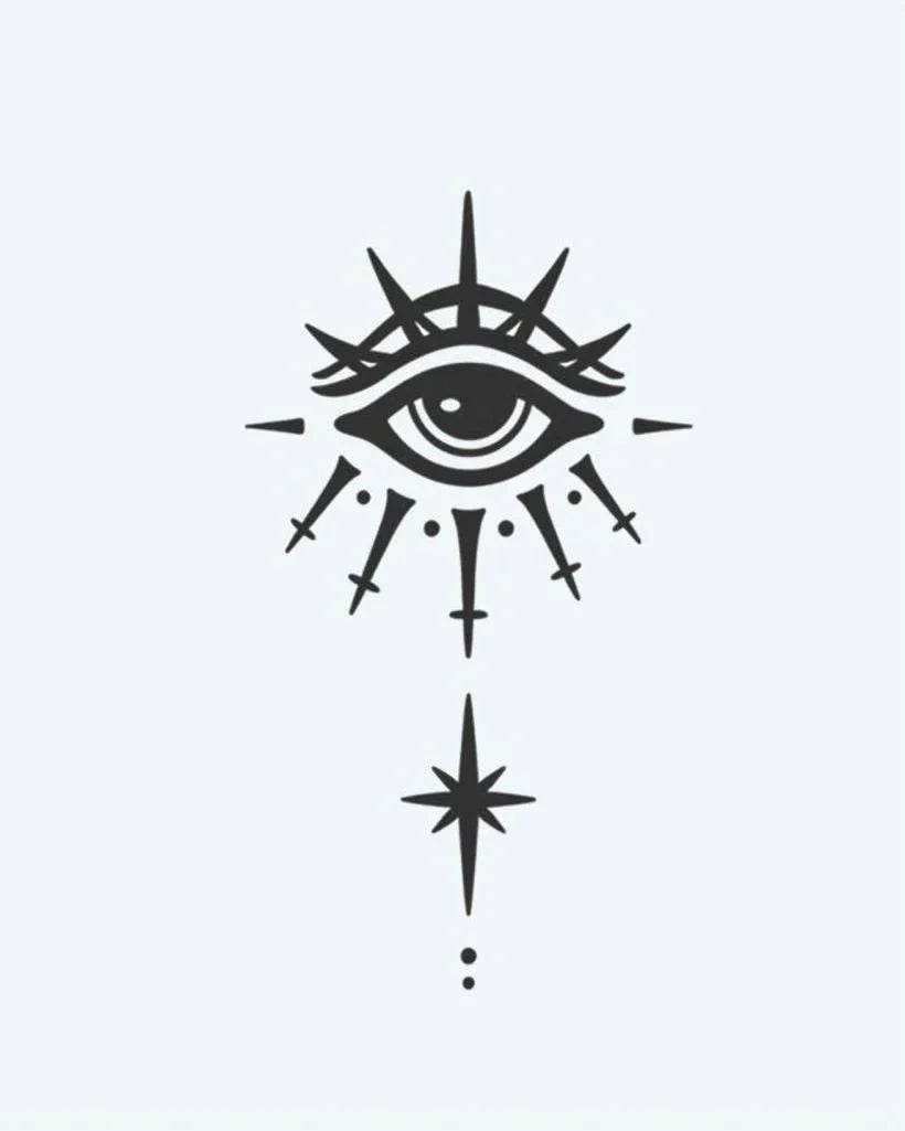Design del tatuaggio semi-permanente All-Seeing Eye & Star di INKON – illustrazione mistico, onniveggente, raggianti, punte, guida, 3 x 4 in (6x11cm), disponibile su inkon.co