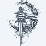 Design del tatuaggio semi-permanente Mano Scheletrica e Pugnale di INKON – illustrazione scheletrica, impugna, pugnale, circondata, spine, 4 x 7 in (10x17cm), disponibile su inkon.co