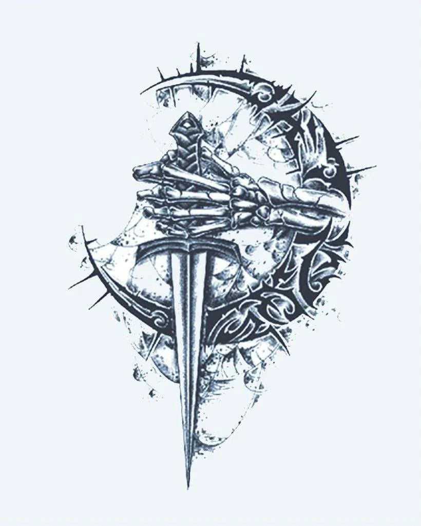 Design del tatuaggio semi-permanente Mano Scheletrica e Pugnale di INKON – illustrazione scheletrica, impugna, pugnale, circondata, spine, 4 x 7 in (10x17cm), disponibile su inkon.co