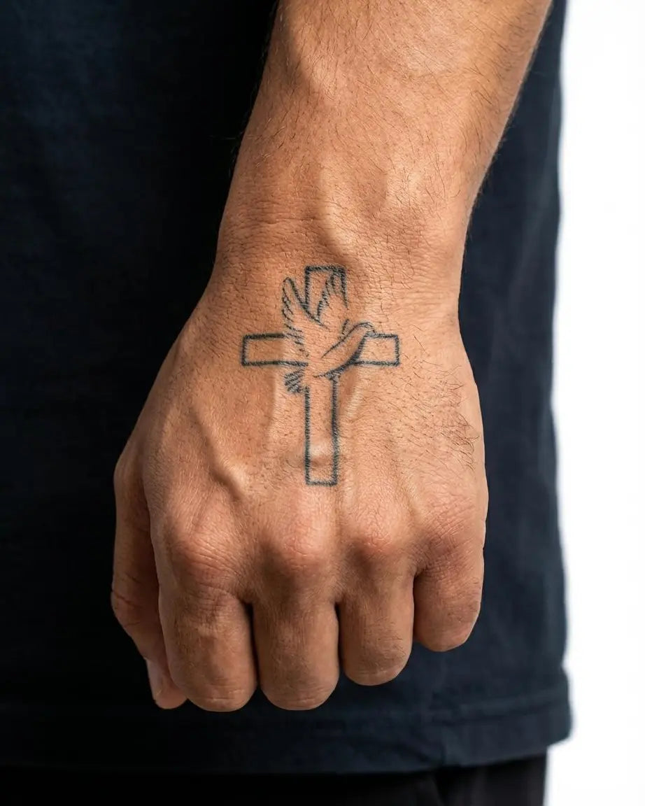 Tatuaggio semi-permanente INKON Cross & Dove applicato su un uomo – design 2 x 2 in (5x5cm), aspetto realistico dell'inchiostro, dura 10 giorni