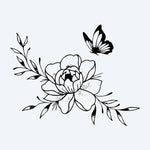 Design del tatuaggio semi-permanente Peony & Butterfly di INKON – illustrazione fiore, peonia, fiore, frondosi, rami, 3 x 4 in (6x11cm), disponibile su inkon.co