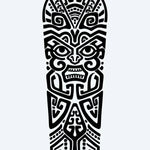 Design del tatuaggio semi-permanente Polynesian Tiki Face di INKON – illustrazione polinesiana con feroce faccia tiki, 8 x 20 in (20x50cm), disponibile su inkon.co