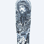Design del tatuaggio semi-permanente Christ & Roses di INKON – illustrazione riverente, manica, intera, ritratto, cristo, 8 x 20 in (20x50cm), disponibile su inkon.co