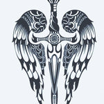 Design del tatuaggio semi-permanente Pugnale Alato di INKON – illustrazione ornato, pugnale, angelo, ali, simmetrico, 4 x 7 in (10x17cm), disponibile su inkon.co