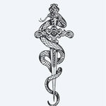 Design del tatuaggio semi-permanente Snake & Ornate Dagger di INKON – illustrazione splendidamente, cobra, serpente, avvolge, ornamentale, 4 x 8 in (11x21cm), disponibile su inkon.co