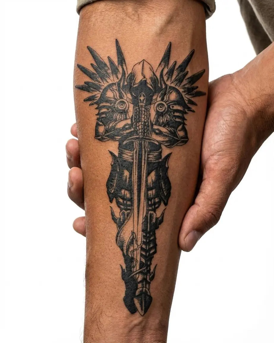 Tatuaggio semi-permanente INKON Armored Knight & Sword applicato su un uomo – design 4 x 8 in (11x21cm), aspetto realistico dell'inchiostro, dura 10 giorni