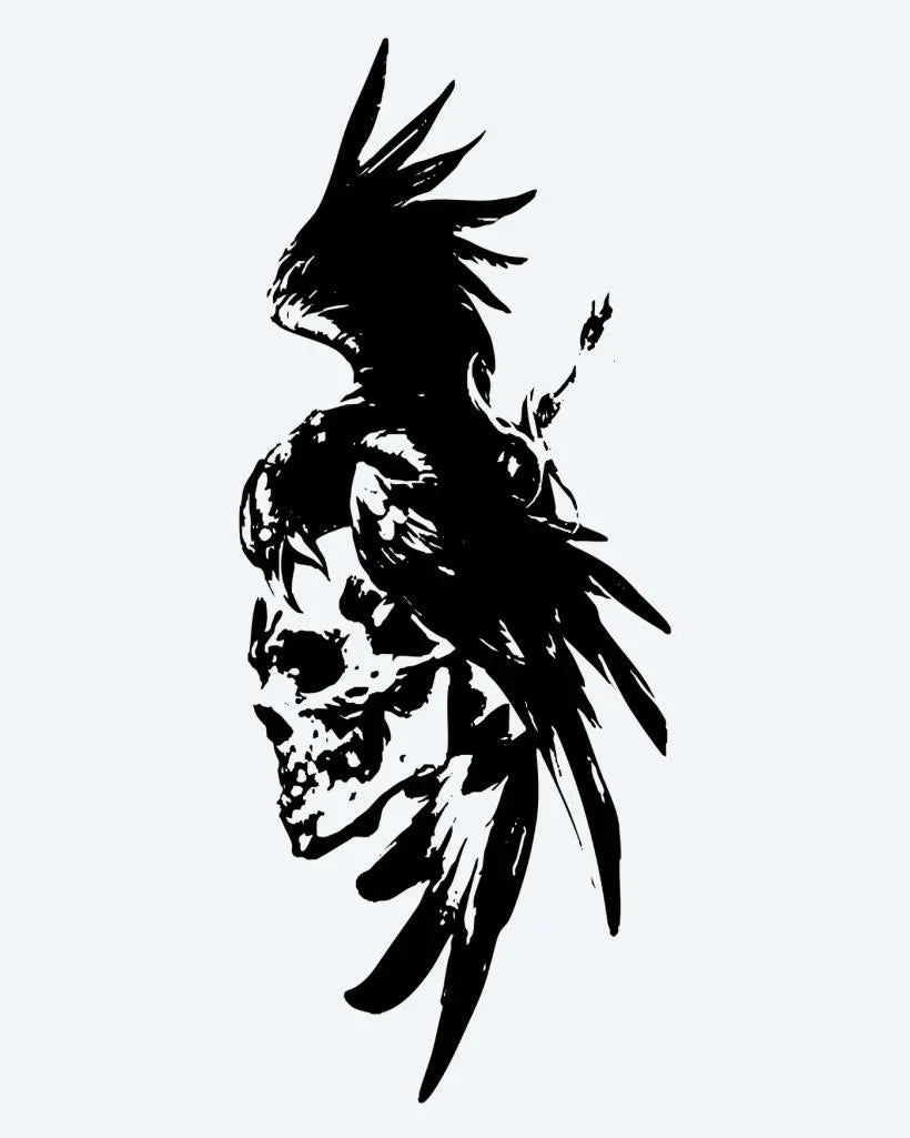 Design del tatuaggio semi-permanente Corvo e Teschio di INKON – illustrazione silhouette, corvo, appollaiato, umano, teschio, 4 x 7 in (10x17cm), disponibile su inkon.co