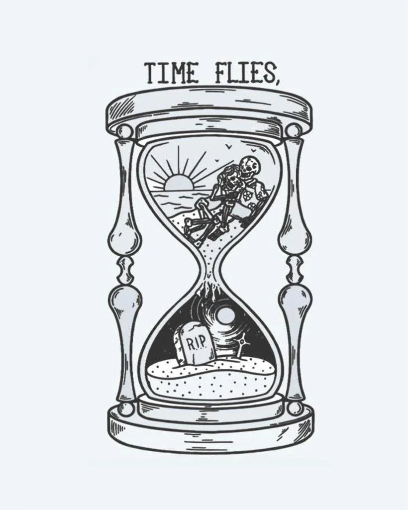 Design del tatuaggio semi-permanente Time Flies Hourglass di INKON – illustrazione clessidra, scheletro, lapide, interno, sormontata, 3 x 4 in (6x11cm), disponibile su inkon.co