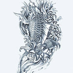 Design del tatuaggio semi-permanente Koi Fish & Lotus 2 di INKON – illustrazione pesce, salta, attraverso, onde, loto, 4 x 8 in (11x21cm), disponibile su inkon.co