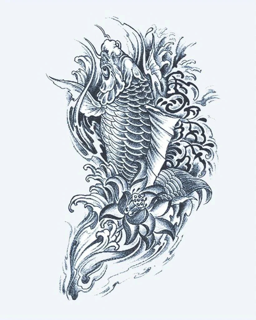 Design del tatuaggio semi-permanente Koi Fish & Lotus 2 di INKON – illustrazione pesce, salta, attraverso, onde, loto, 4 x 8 in (11x21cm), disponibile su inkon.co