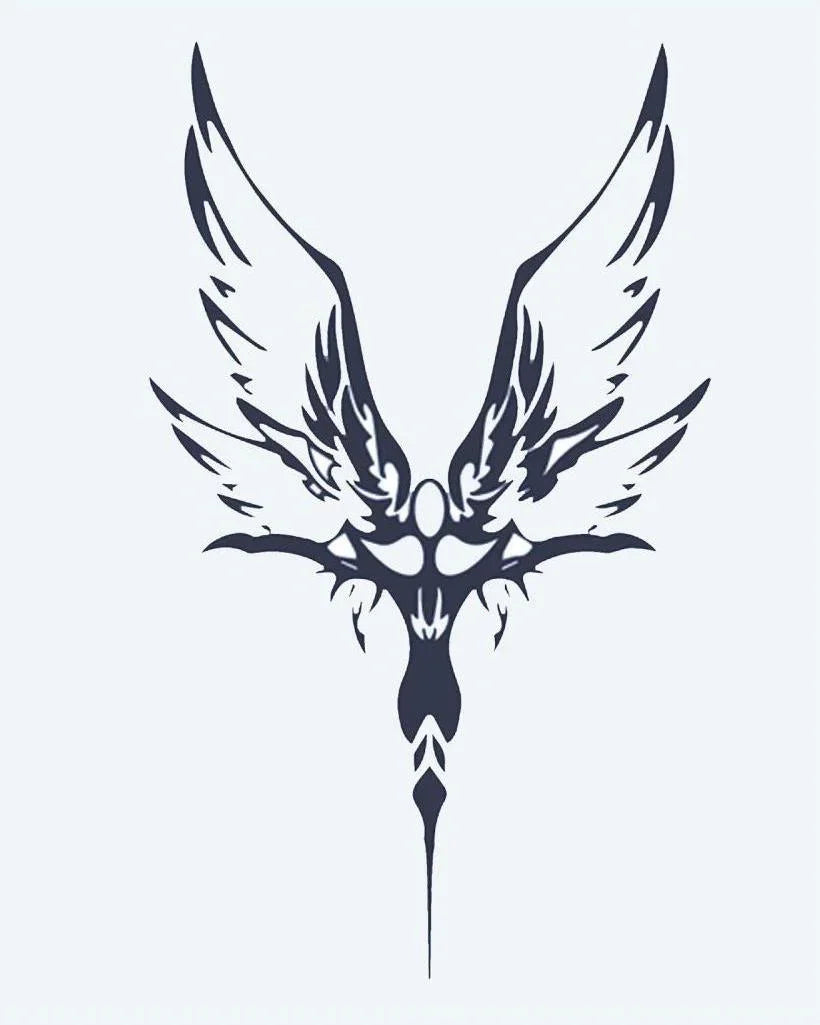 Design del tatuaggio semi-permanente Fenice Tribale di INKON – illustrazione tribale, fenice, spiegate, ali, simmetrico, 4 x 7 in (10x17cm), disponibile su inkon.co