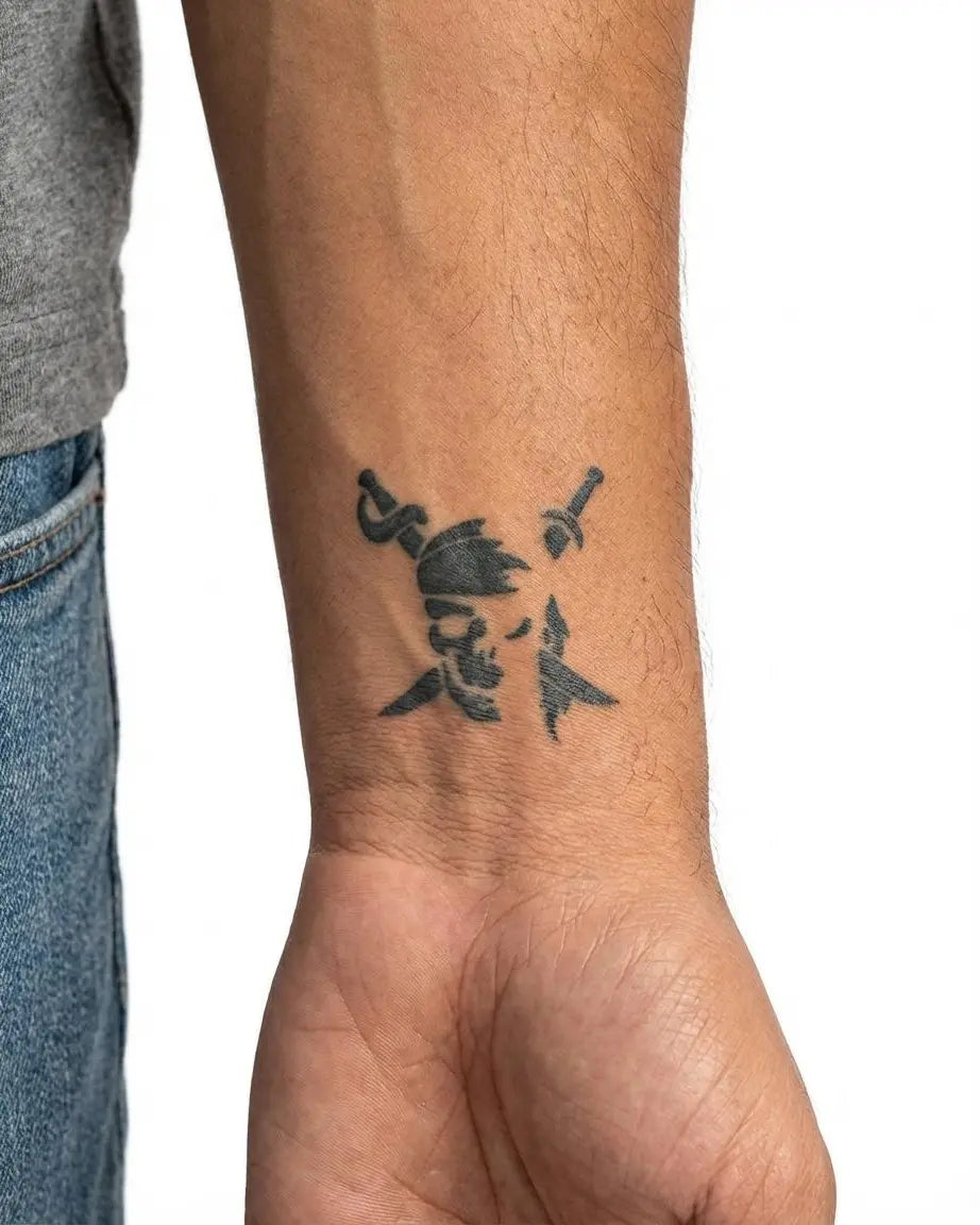 Tatuaggio semi-permanente INKON Pirate Skull & Swords applicato su un uomo – design 2 x 2 in (5x5cm), aspetto realistico dell'inchiostro, dura 10 giorni
