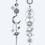 Design del tatuaggio semi-permanente Solar System Alignment di INKON – illustrazione celesti, verticali, planetario, allineamento, design, 3 x 4 in (6x11cm), disponibile su inkon.co