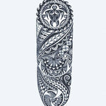 Design del tatuaggio semi-permanente Polynesian Tribal Sleeve di INKON – illustrazione elaborato, polinesiano, tribale, tartaruga, oceano, 8 x 20 in (20x50cm), disponibile su inkon.co