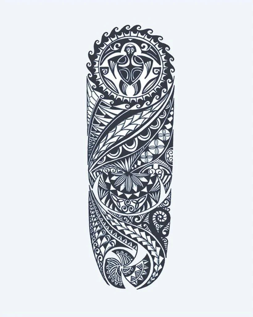 Design del tatuaggio semi-permanente Polynesian Tribal Sleeve di INKON – illustrazione elaborato, polinesiano, tribale, tartaruga, oceano, 8 x 20 in (20x50cm), disponibile su inkon.co